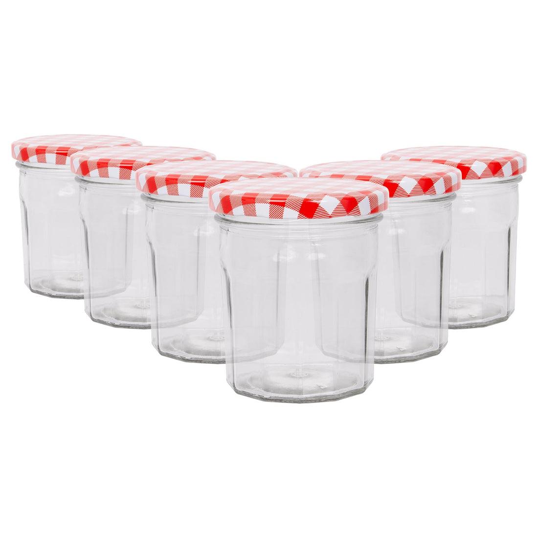 250ml Octagonal Glass Jam Jars with Red Gingham Screw-Top Lids - Pack of 6