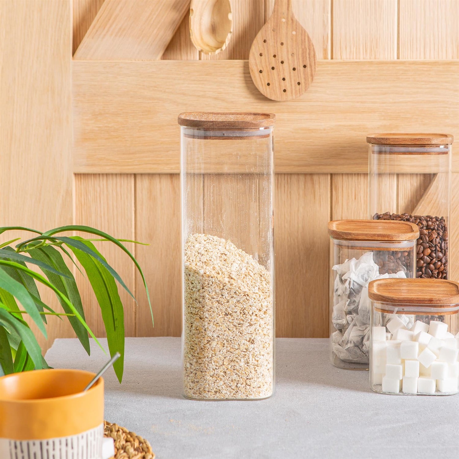 2.2L Square Glass Storage Jar with Wooden Lid