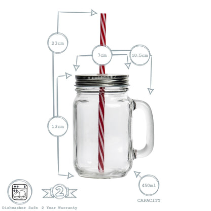 450ml Jam Jar Drinking Glasses with Lids &amp; Straws - Pack of Four