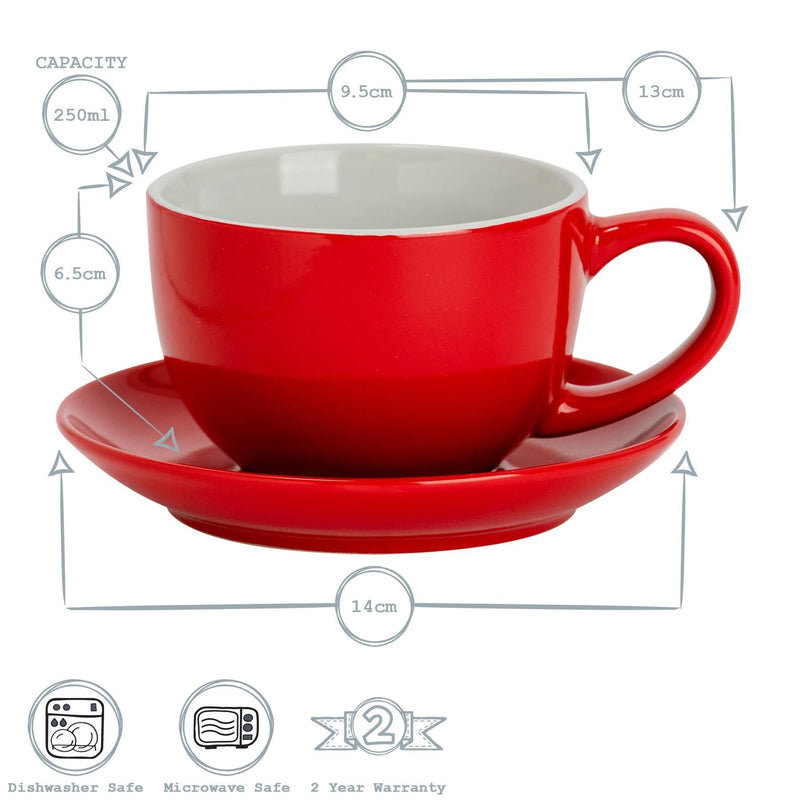 250ml Coloured Cappuccino Cups & Saucers - Pack of Six - By Argon Tableware
