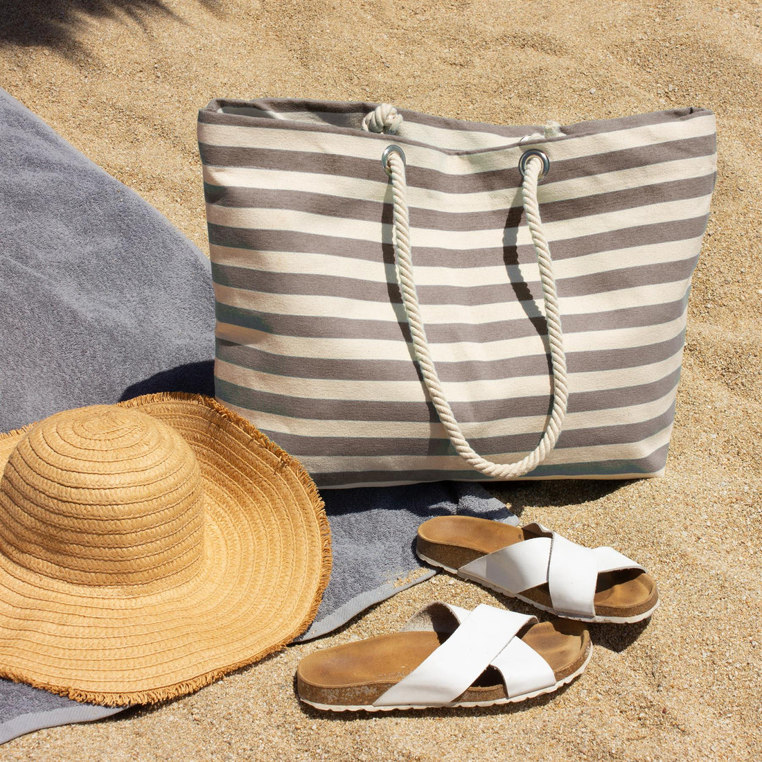 Large Pebble Striped Canvas Beach Tote Bag