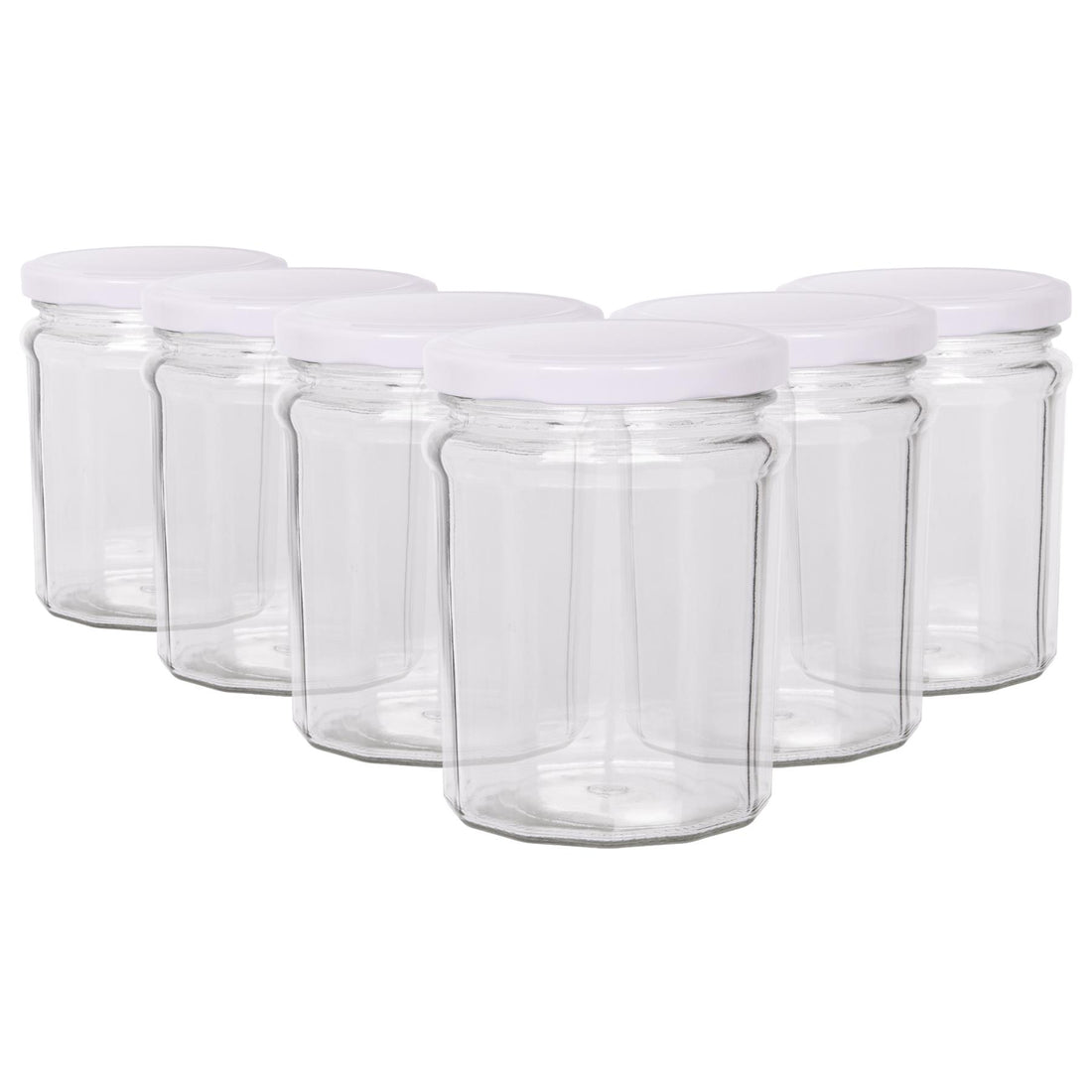 380ml Octagonal Glass Jam Jars with White Screw-Top Lids - Pack of 6