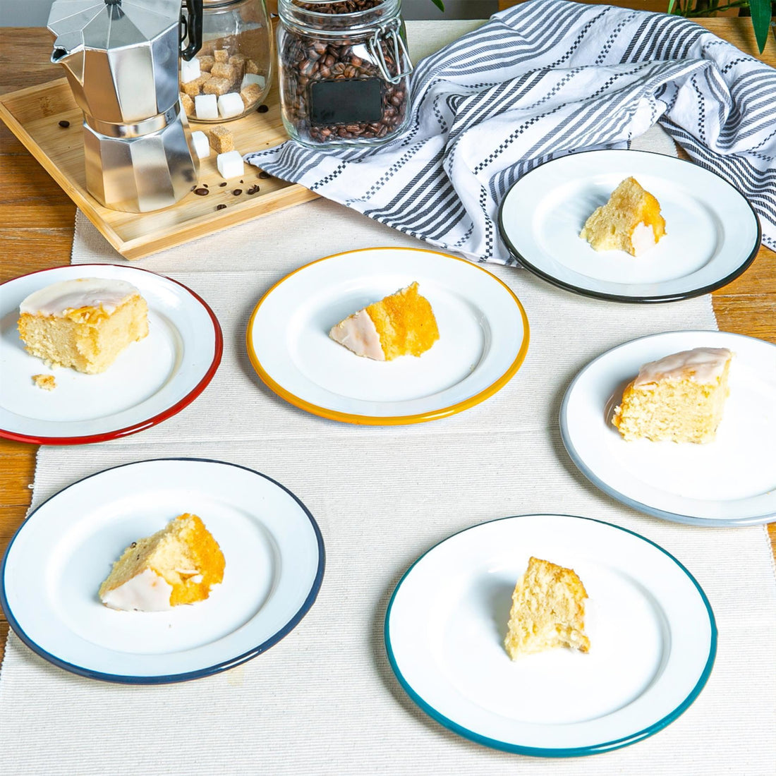 20cm White Enamel Side Plates - 6-Colour Assortment - Pack of 6