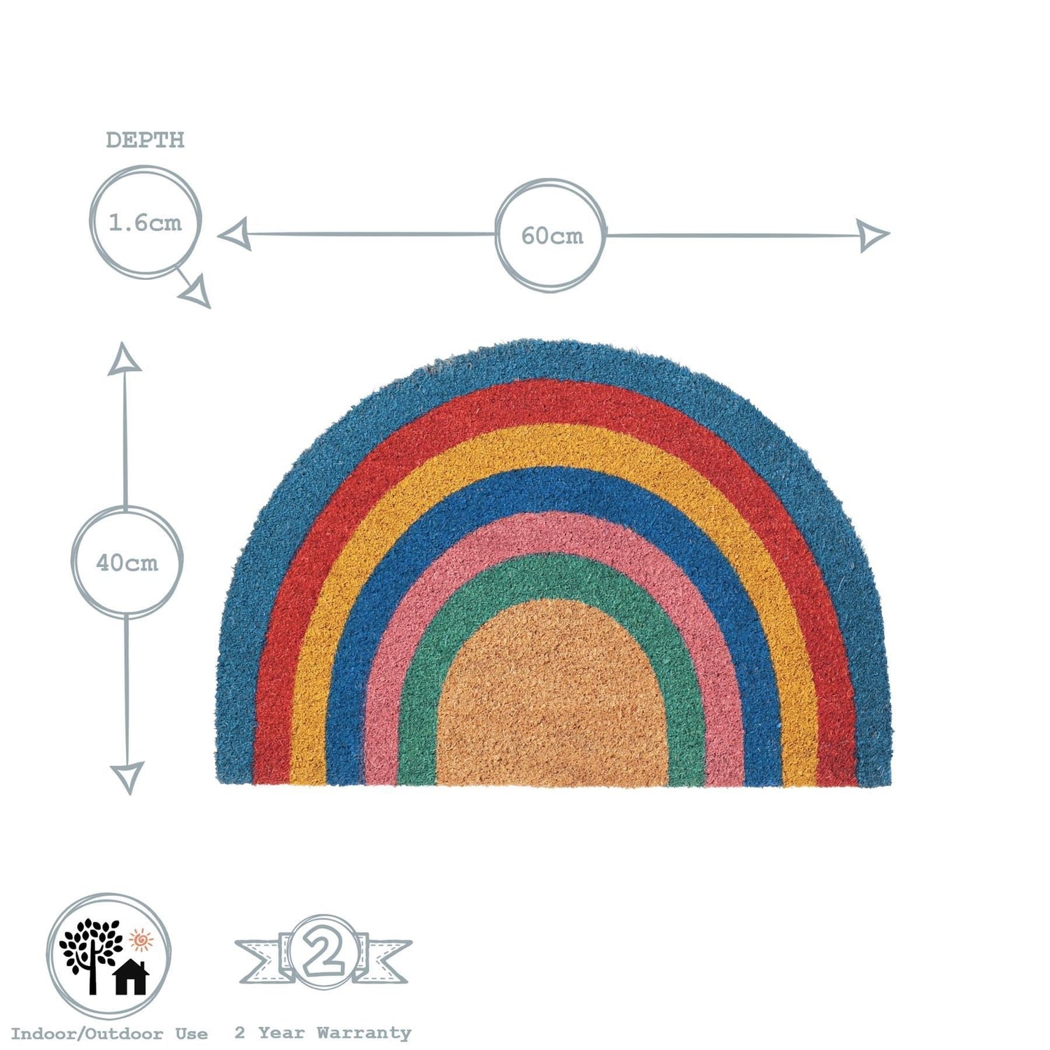 60cm x 40cm Pastel Rainbow Coir Half Moon Door Mat