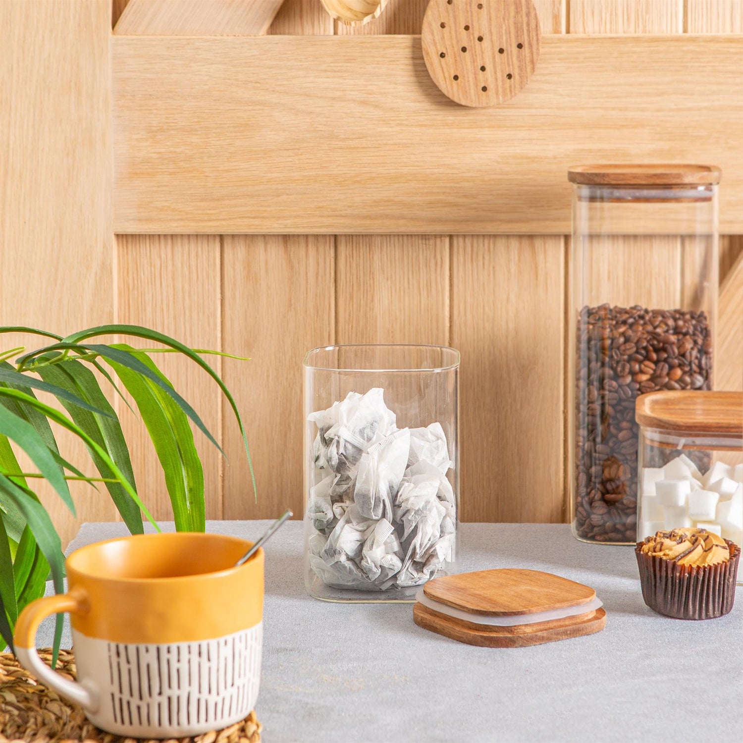 1.1L Square Glass Storage Jar with Wooden Lid