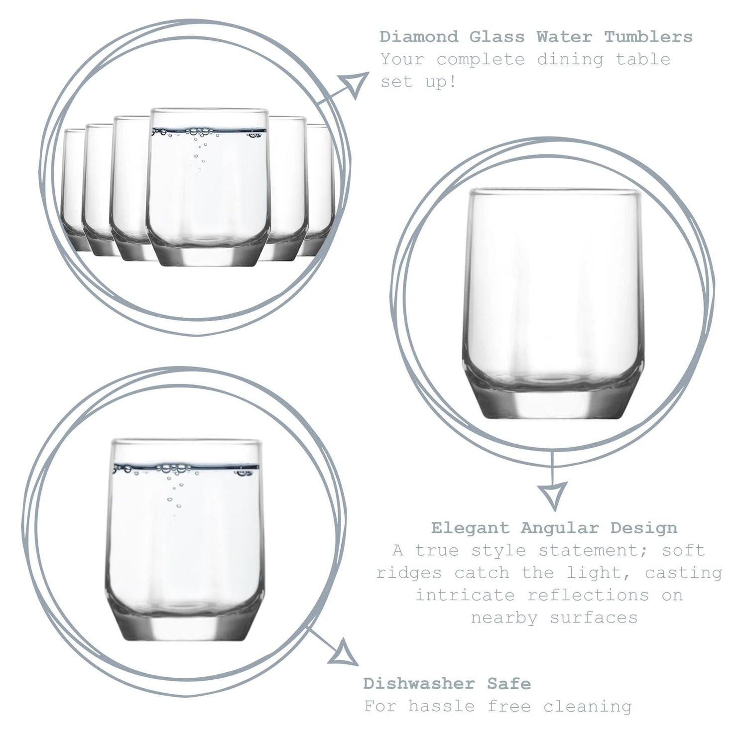 215ml Diamond Tumbler Glasses - Pack of Six