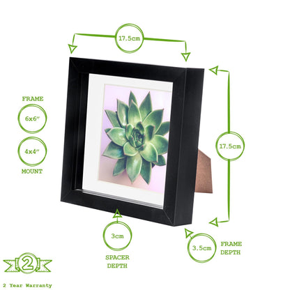 6&quot; x 6&quot; Black 3D Box Photo Frame with 4&quot; x 4&quot; Mount