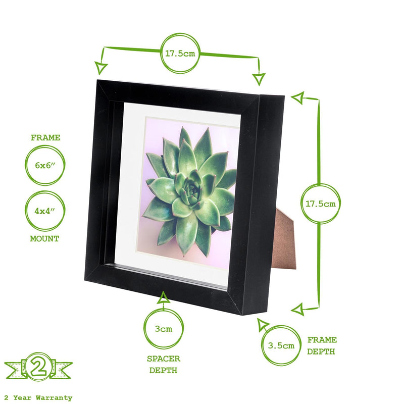 6" x 6" Black 3D Box Photo Frame - with 4" x 4" Mount - By Nicola Spring