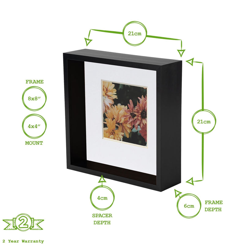 8" x 8" Black 3D Deep Box Photo Frame with 4" x 4" White Mount - By Nicola Spring