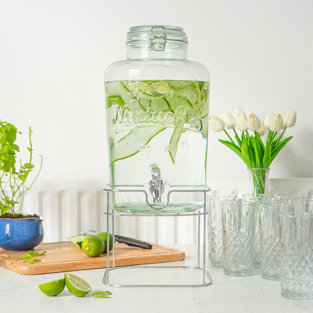8.7L Glass Drinks Dispenser with Tap & Chrome Stand