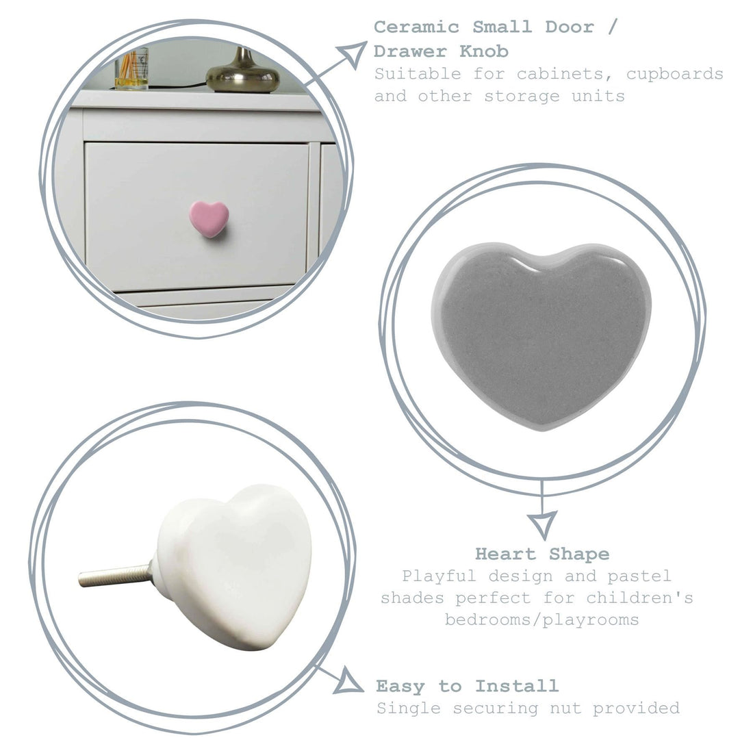 Grey 4.5cm Heart Ceramic Cabinet Knob