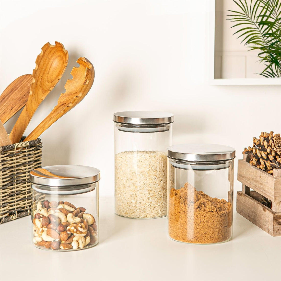 3-Piece Glass Storage Jar Set with Silver Metal Lids - 3 Sizes