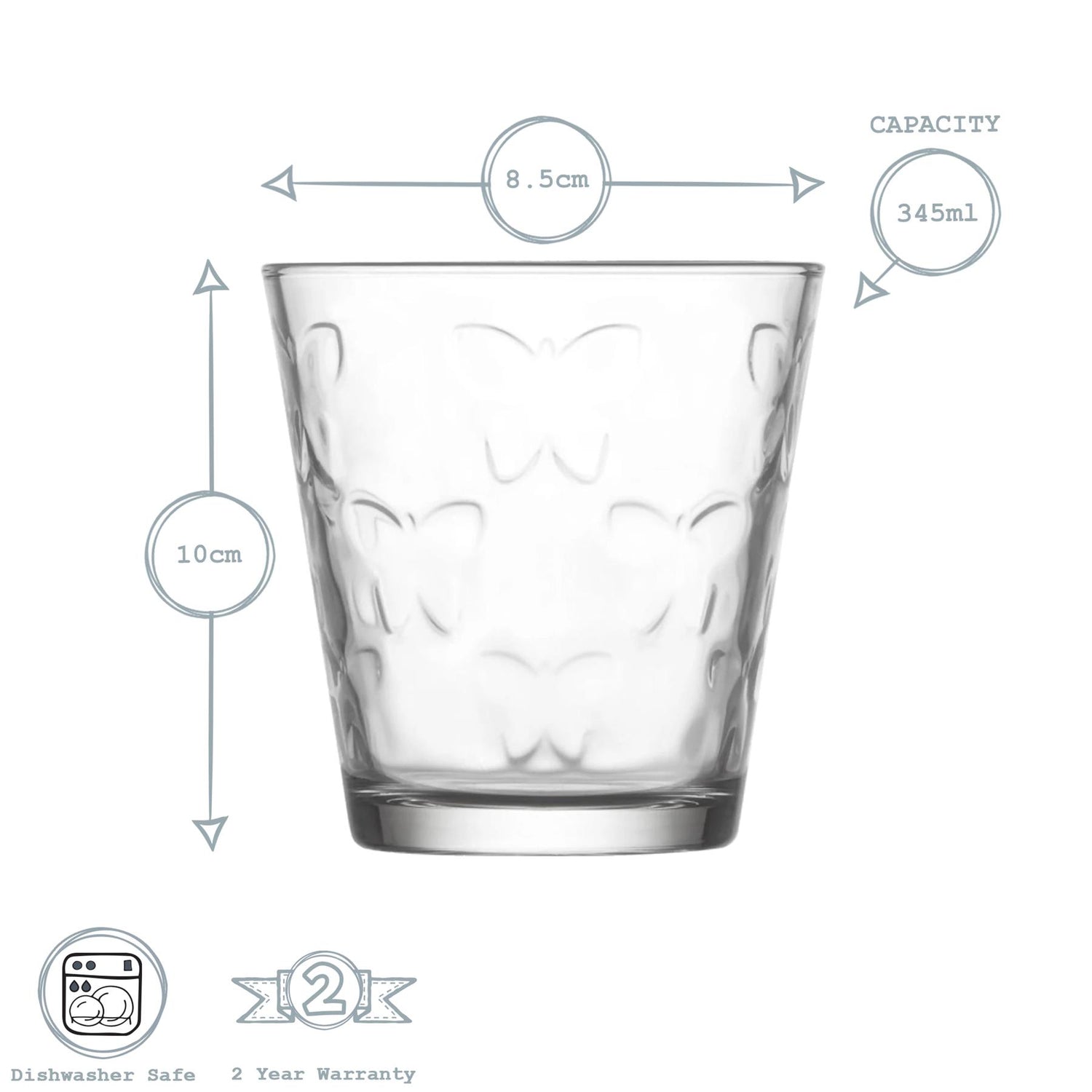 325ml Kelebek Embossed Butterfly Tumbler Glasses - Pack of Six