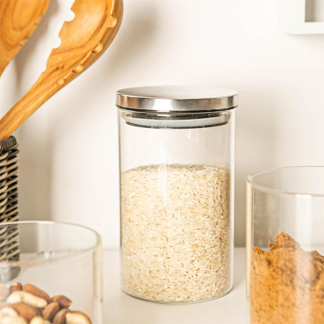 1L Glass Storage Jars with Silver Metal Lids - Pack of 3