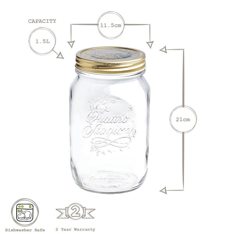 1.5L Quattro Stagioni Mason Glass Drinking Jars - Pack of Four - By Bormioli Rocco