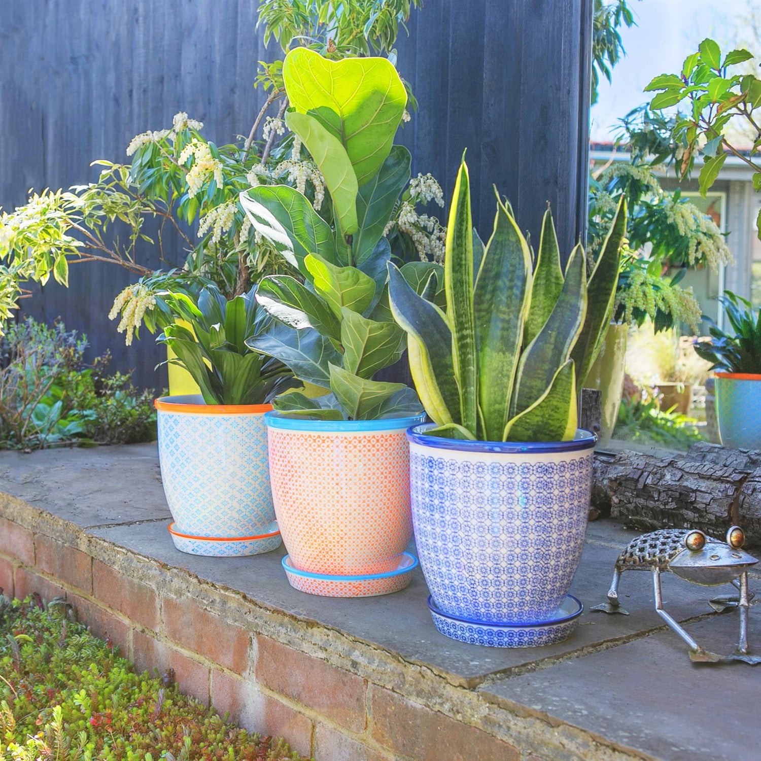 20cm Hand Printed China Plant Pot with Saucer - Pack of Three