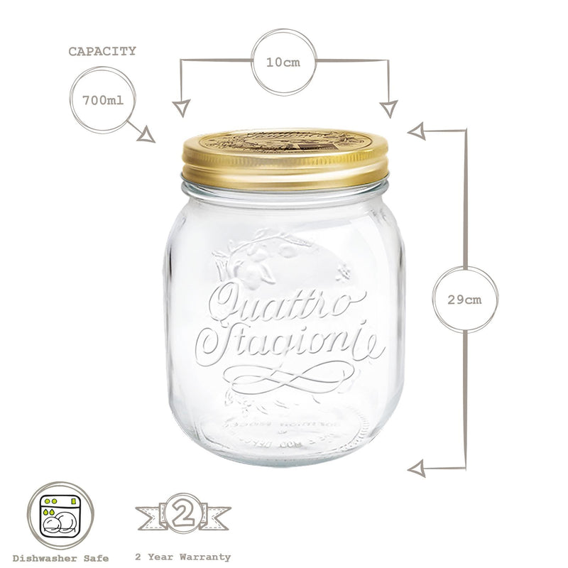 700ml Quattro Stagioni Glass Food Preserving Jars - Pack of 3 - By Bormioli Rocco