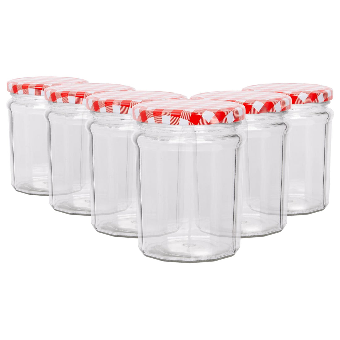 380ml Octagonal Glass Jam Jars with Red Gingham Screw-Top Lids - Pack of 6