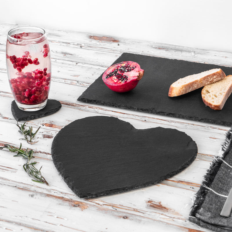 12pc Black Heart Slate Placemat & Coaster Sets - By Argon Tableware