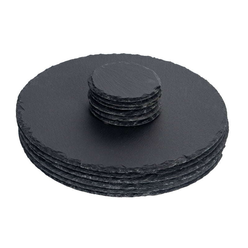 12pc Black Round Slate Placemat & Coaster Sets - By Argon Tableware