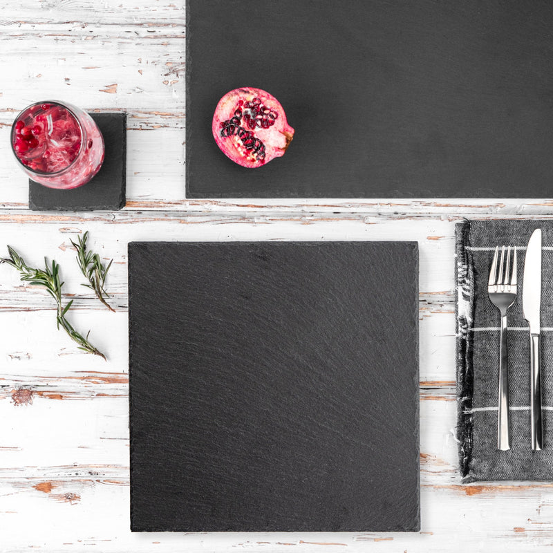 12pc Black Square Slate Placemat & Coaster Sets - By Argon Tableware