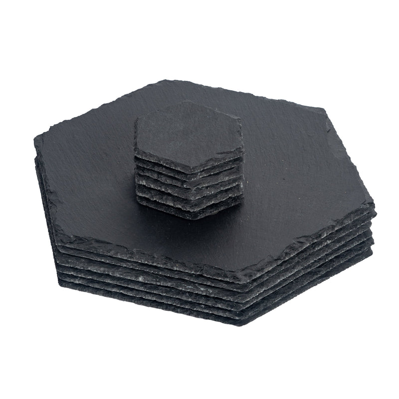12pc Black Hexagon Slate Placemat & Coaster Sets - By Argon Tableware