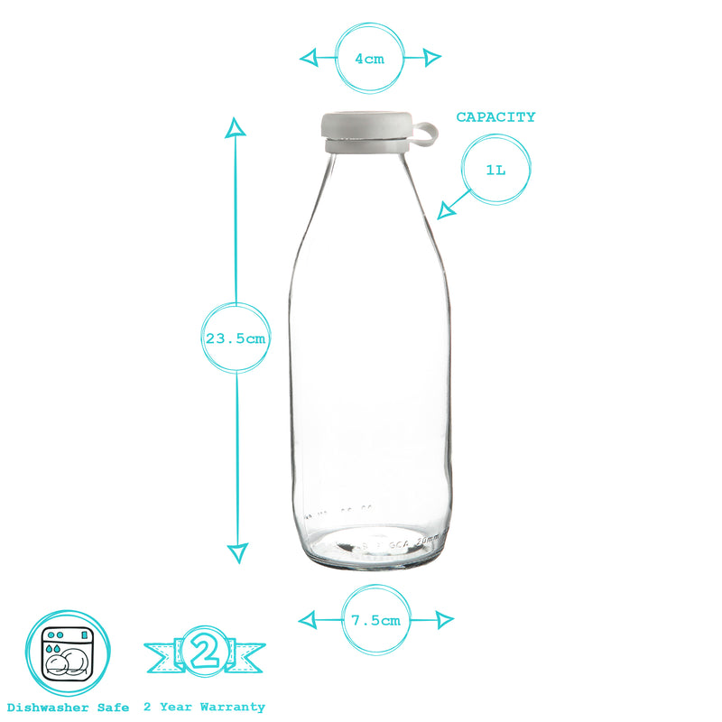 Glass Milk Bottle with Silicone Lid - 1L - By Argon Tableware