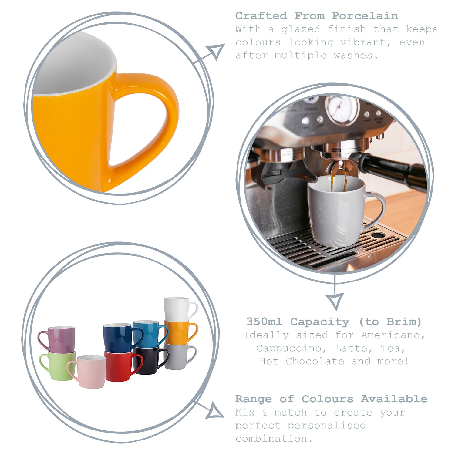 350ml Contemporary Coffee Mugs - Multicoloured - Pack of Six