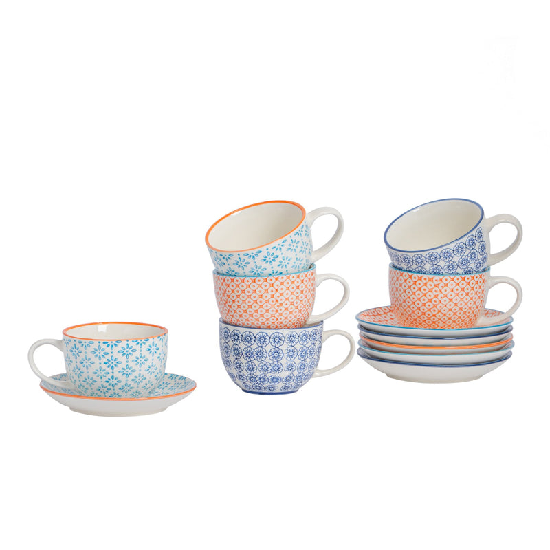 Hand Printed Cappuccino Cups & Saucers - 250ml - 6 Sets - By Nicola Spring