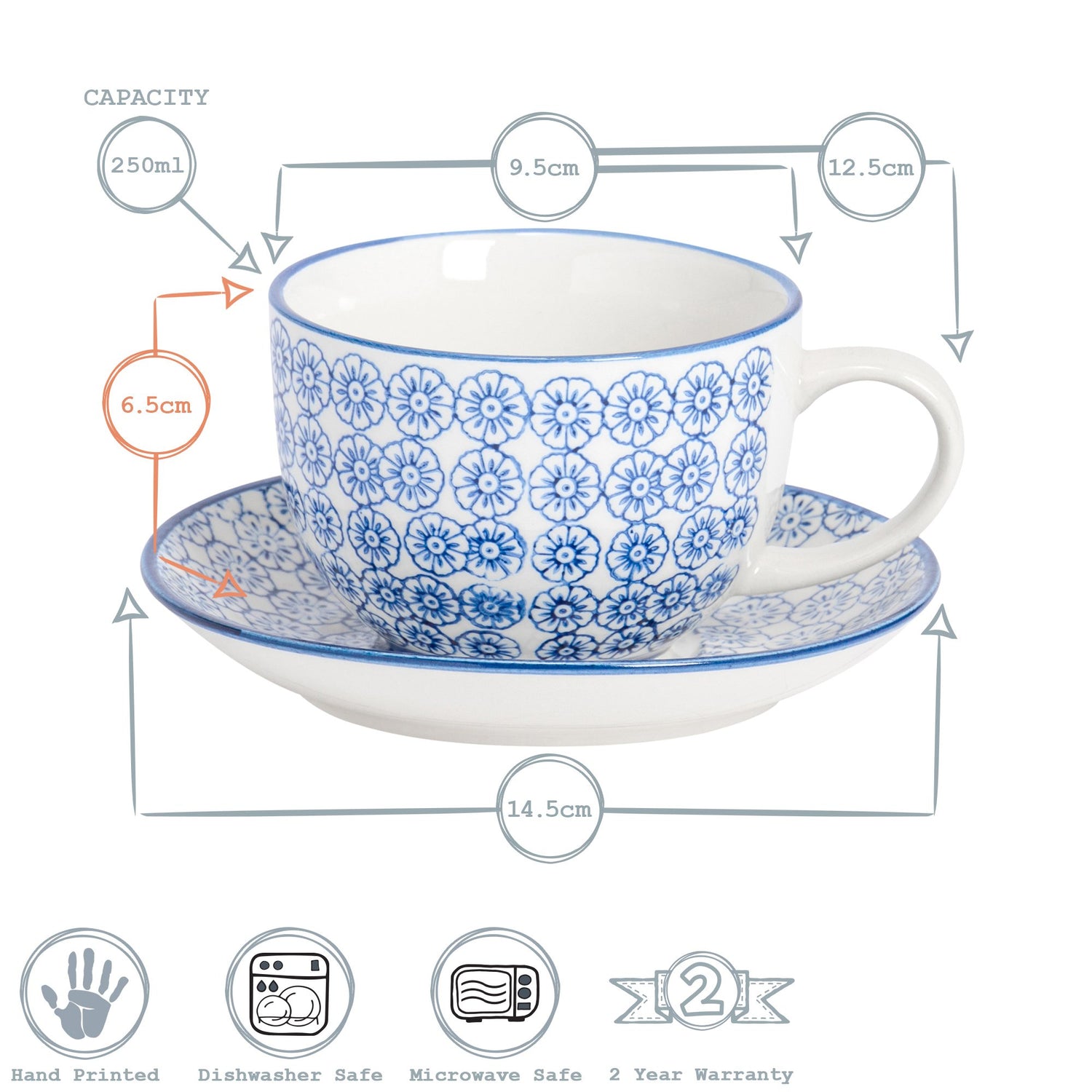 250ml Hand Printed Cappuccino Cups &amp; Saucers - Pack of Six