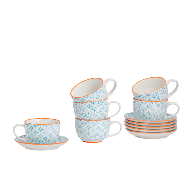 250ml Hand Printed Cappuccino Cups & Saucers - Pack of Six - By Nicola Spring