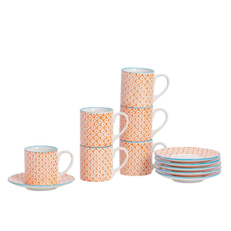 65ml Hand Printed Espresso Cups & Saucers - Pack of Six - By Nicola Spring