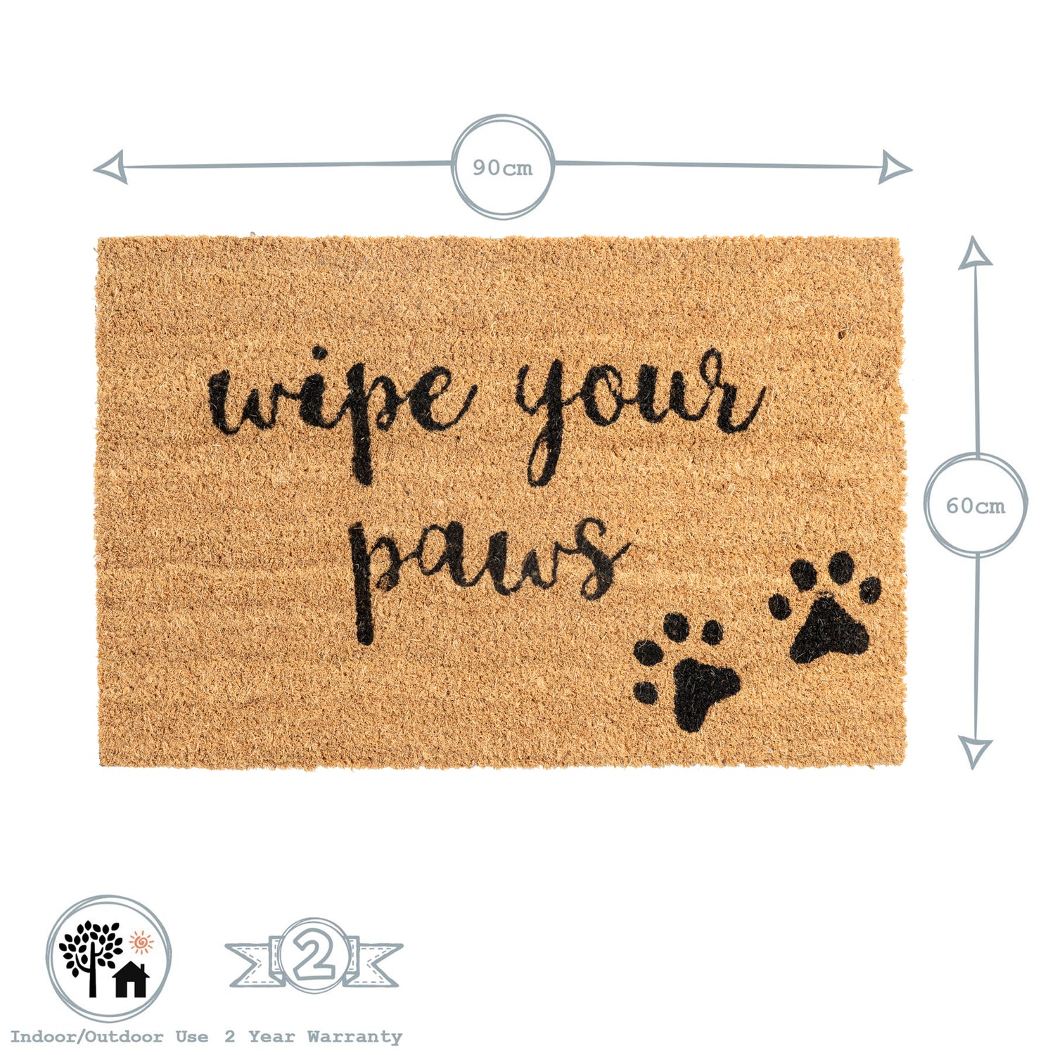 90cm x 60cm Wipe Your Paws Coir Door Mat