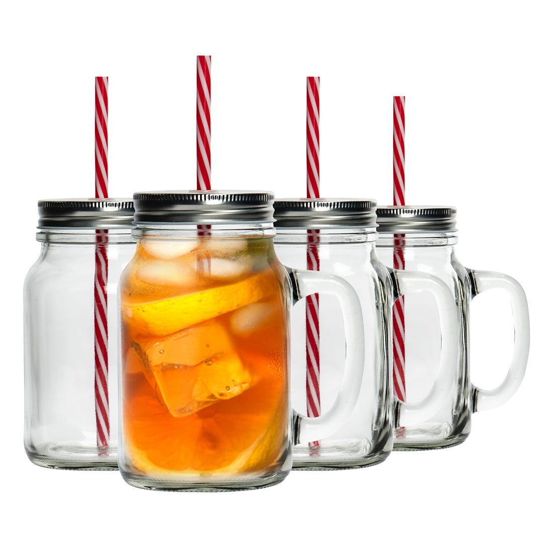 620ml Jam Jar Drinking Glasses with Lids & Straws - Pack of Four