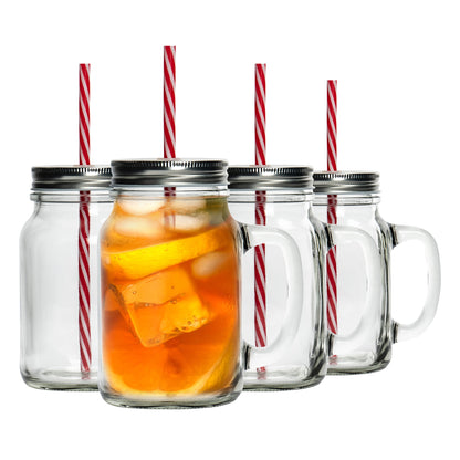 620ml Jam Jar Drinking Glasses with Lids &amp; Straws - Pack of Four