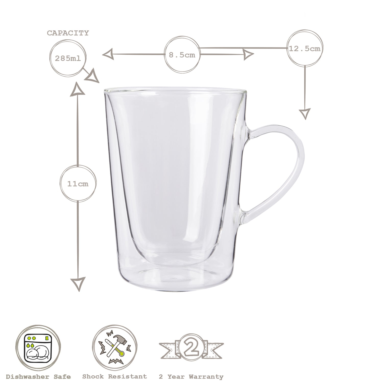 285ml Double Walled Glass Mugs - Pack of Two