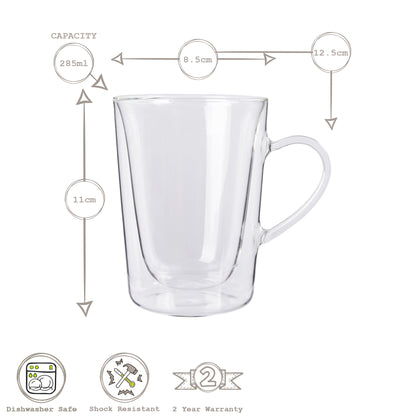 285ml Double Walled Glass Mugs - Pack of Two