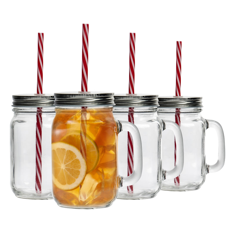 Jam Jar Drinking Glasses with Lids & Straws - 450ml - Pack of 4 - By Rink Drink