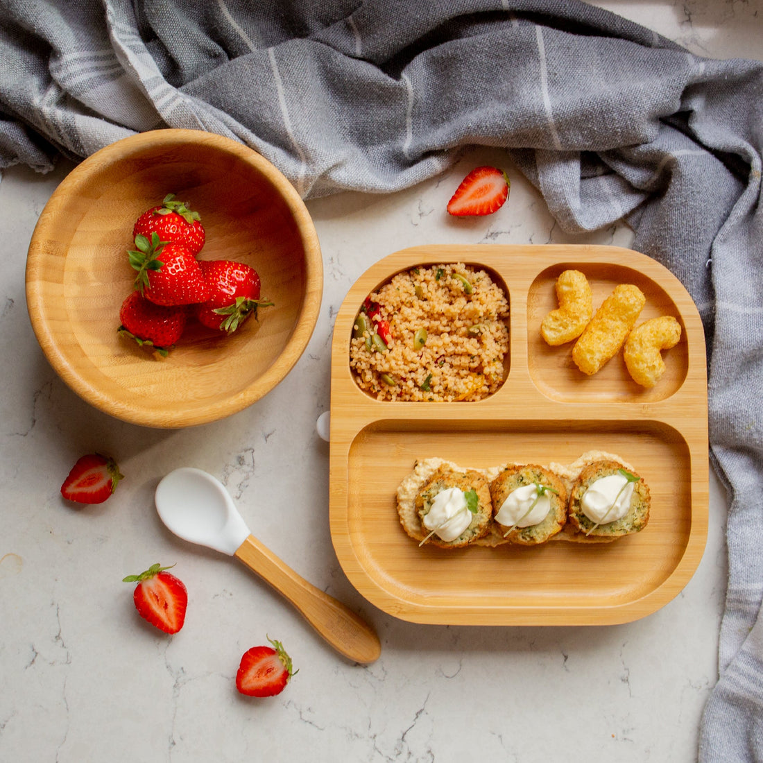 Square Divider Bamboo Suction Dinner Set - White