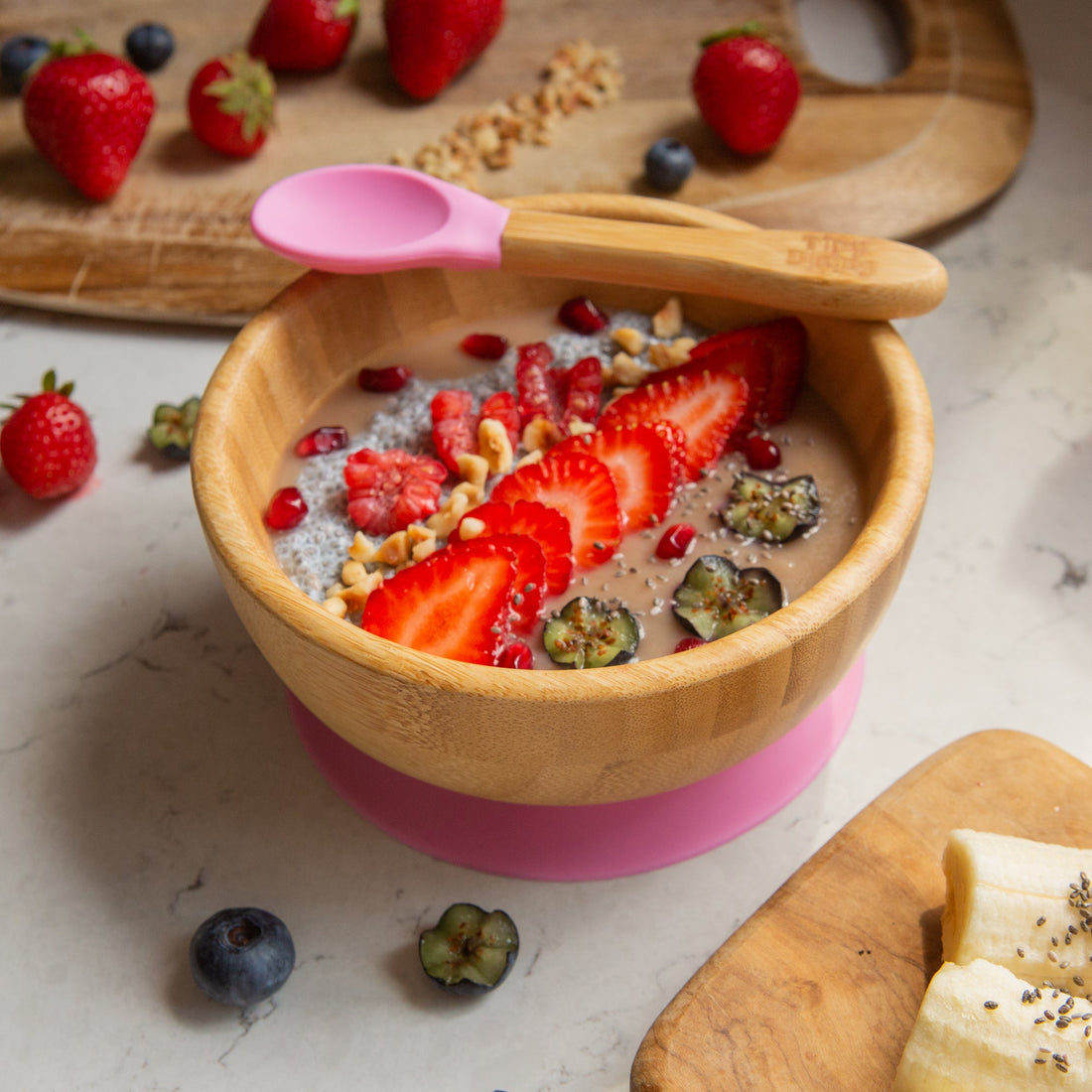 Bamboo Baby Suction Bowl &amp; Spoon Set - Pink