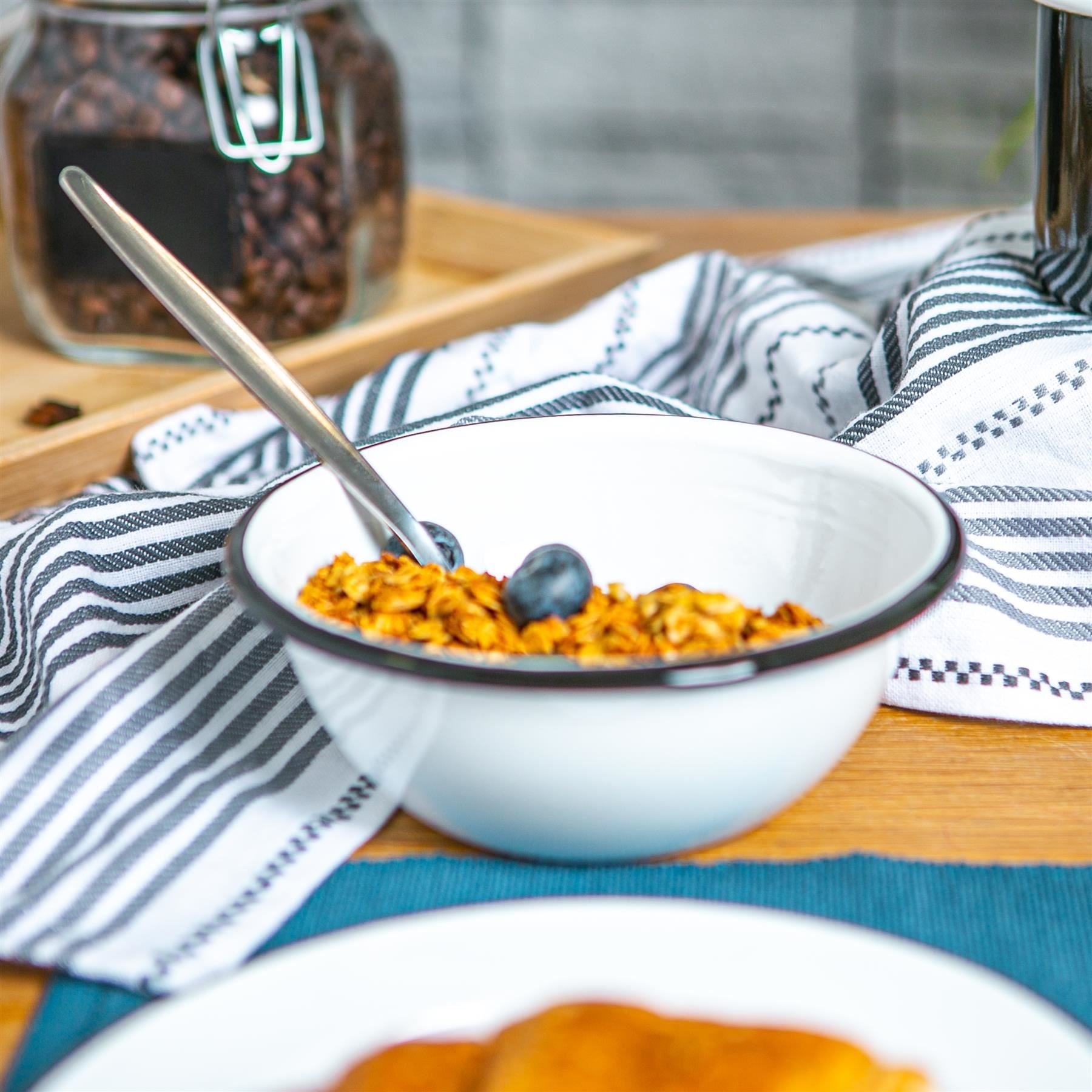 16cm Black/Grey Rimmed White Enamel Bowls - Pack of Four