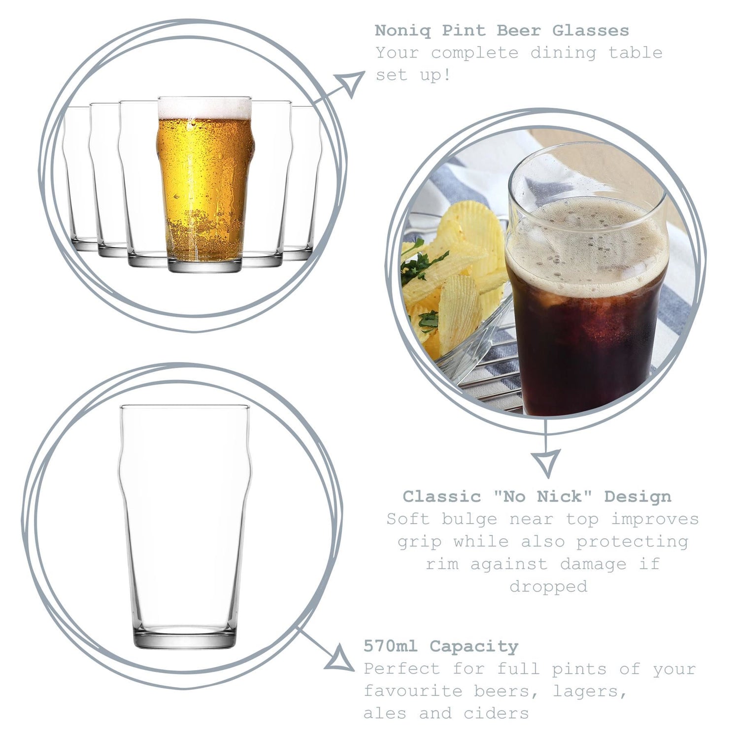 570ml Noniq Pint Beer Glasses - Pack of Six