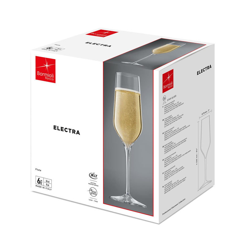 230ml Electra Glass Champagne Flutes - Pack of 6 - By Bormioli Rocco