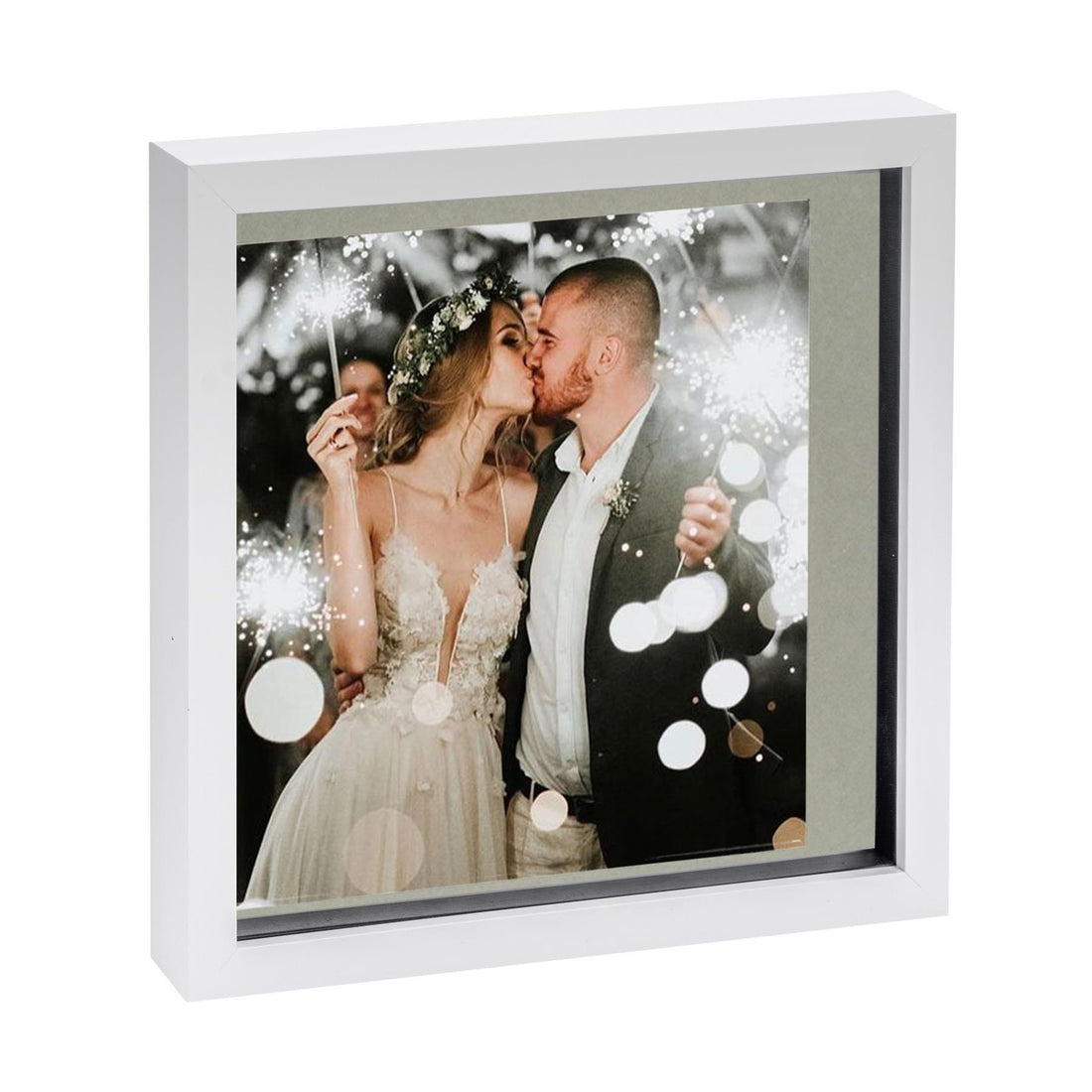 White 10" x 10" Shadow Box Photo Frame with 8" x 8" Grey Mount &amp; Black Spacer