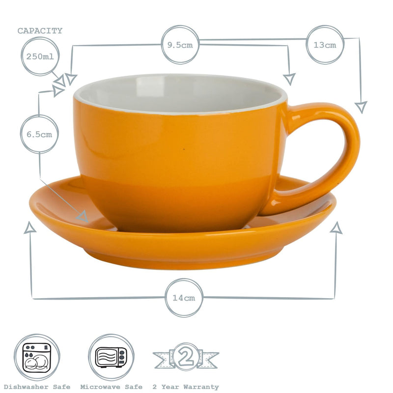 250ml Coloured Cappuccino Cups & Saucers - Pack of Six - By Argon Tableware