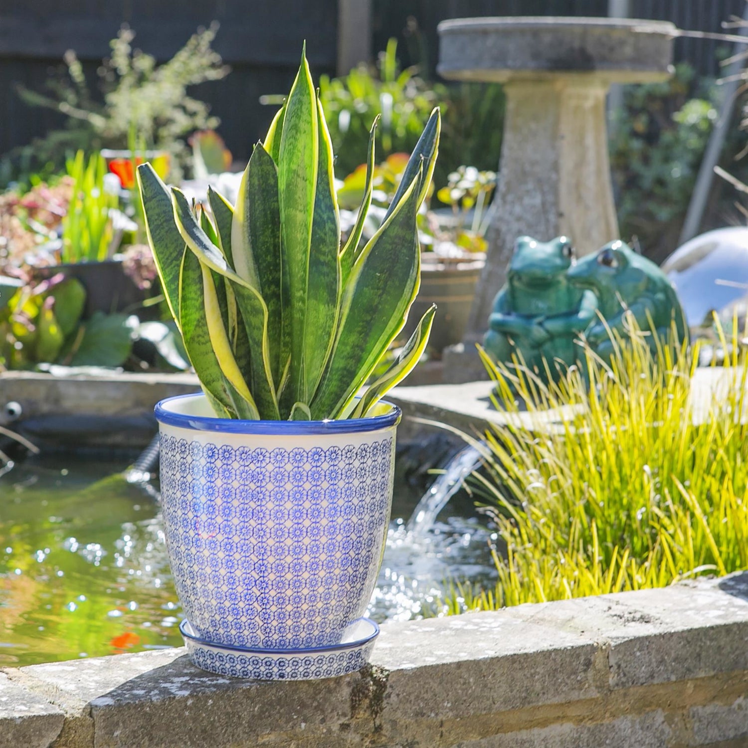 20cm Hand Printed China Plant Pot with Saucer - Pack of Three