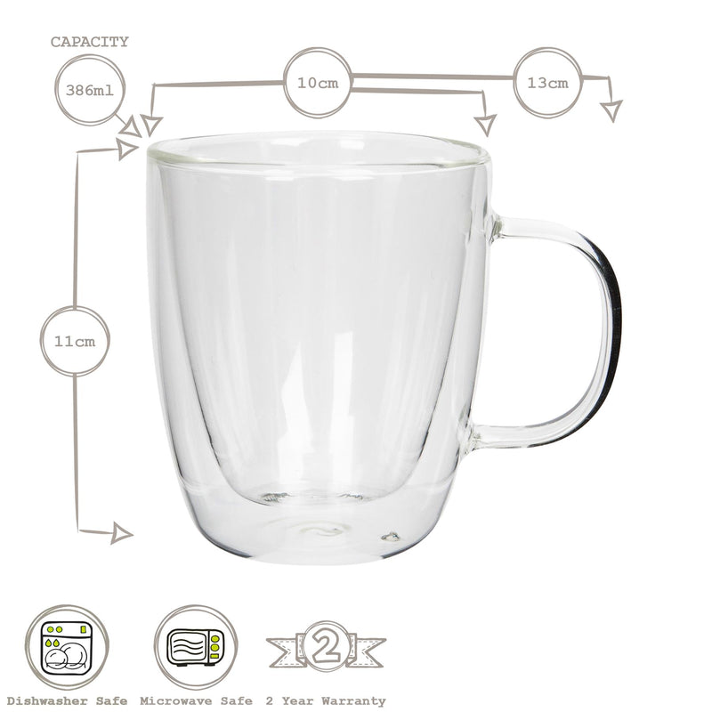 386ml Double Walled Glass Coffee Mugs - Pack of Two - By Rink Drink