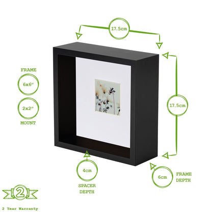 6&quot; x 6&quot; Black 3D Deep Box Photo Frame with White 2&quot; x 2&quot; Mount