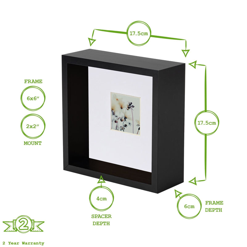 6" x 6" Black 3D Deep Box Photo Frame with White 2" x 2" Mount - By Nicola Spring