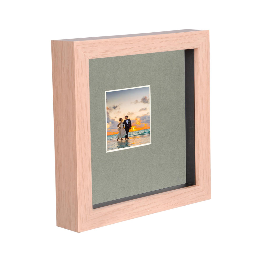 Light Wood 6" x 6" Deep Shadow Box Photo Frame with 2" x 2" Grey Mount